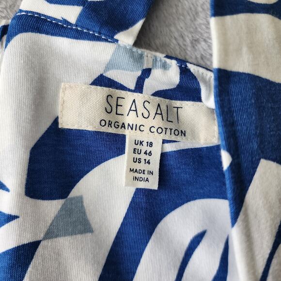 Sea Salt Organic Cotton Dress Womens Size 14 Large Floral Blue White Deep Water - Picture 4 of 9